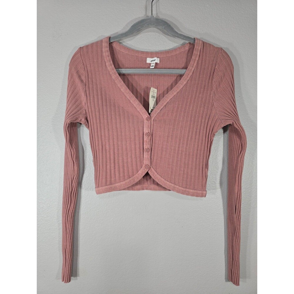 Aerie Cropped Ribbed Fitted Button Up Pink Cardigan Womens Size Medium NWT AC - Picture 1 of 6
